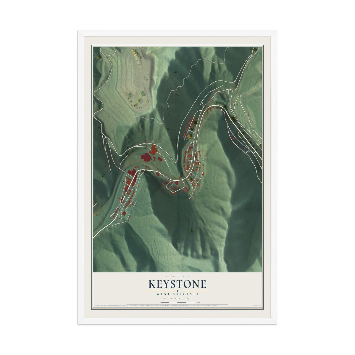 Map of Keystone, West Virginia, 12 x 18 inch print in a white wood frame
