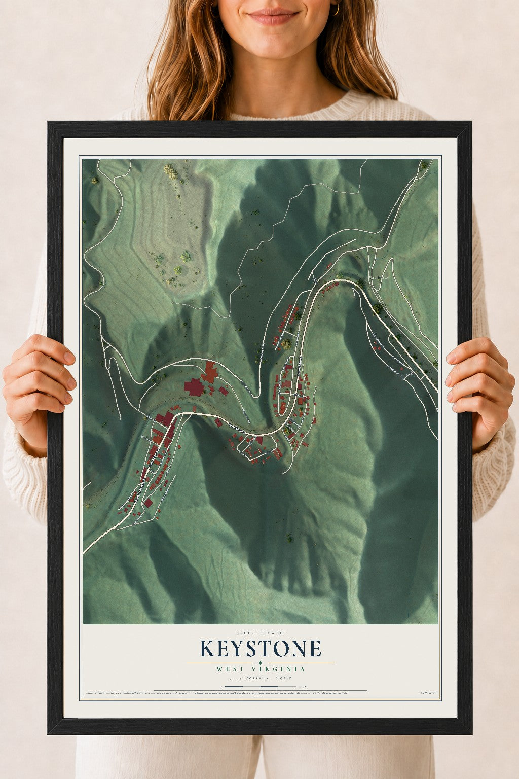 Map of Keystone, West Virginia, 18 x 24 inch print in a black wood frame