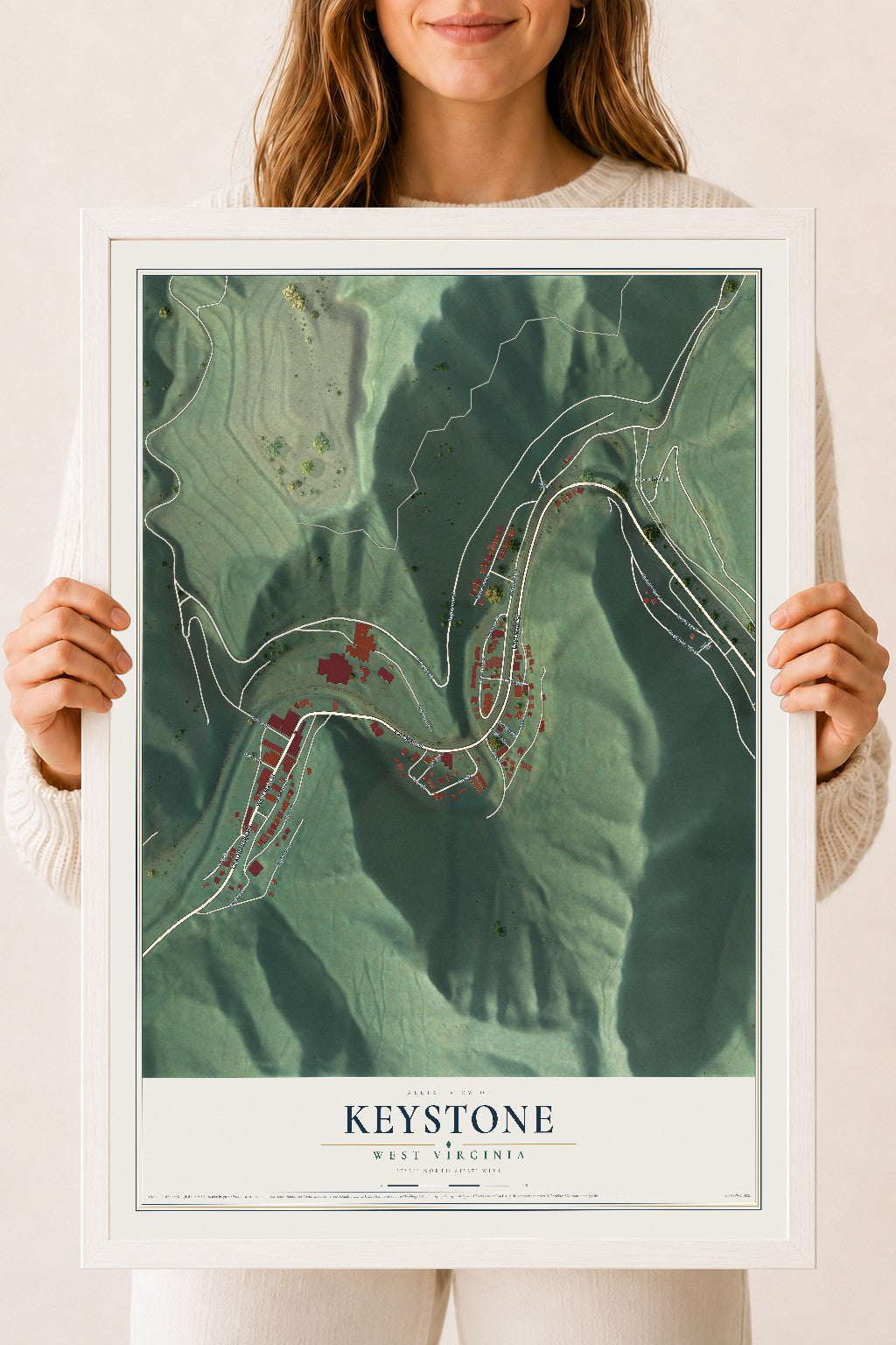 Map of Keystone, West Virginia, 18 x 24 inch print in a white wood frame
