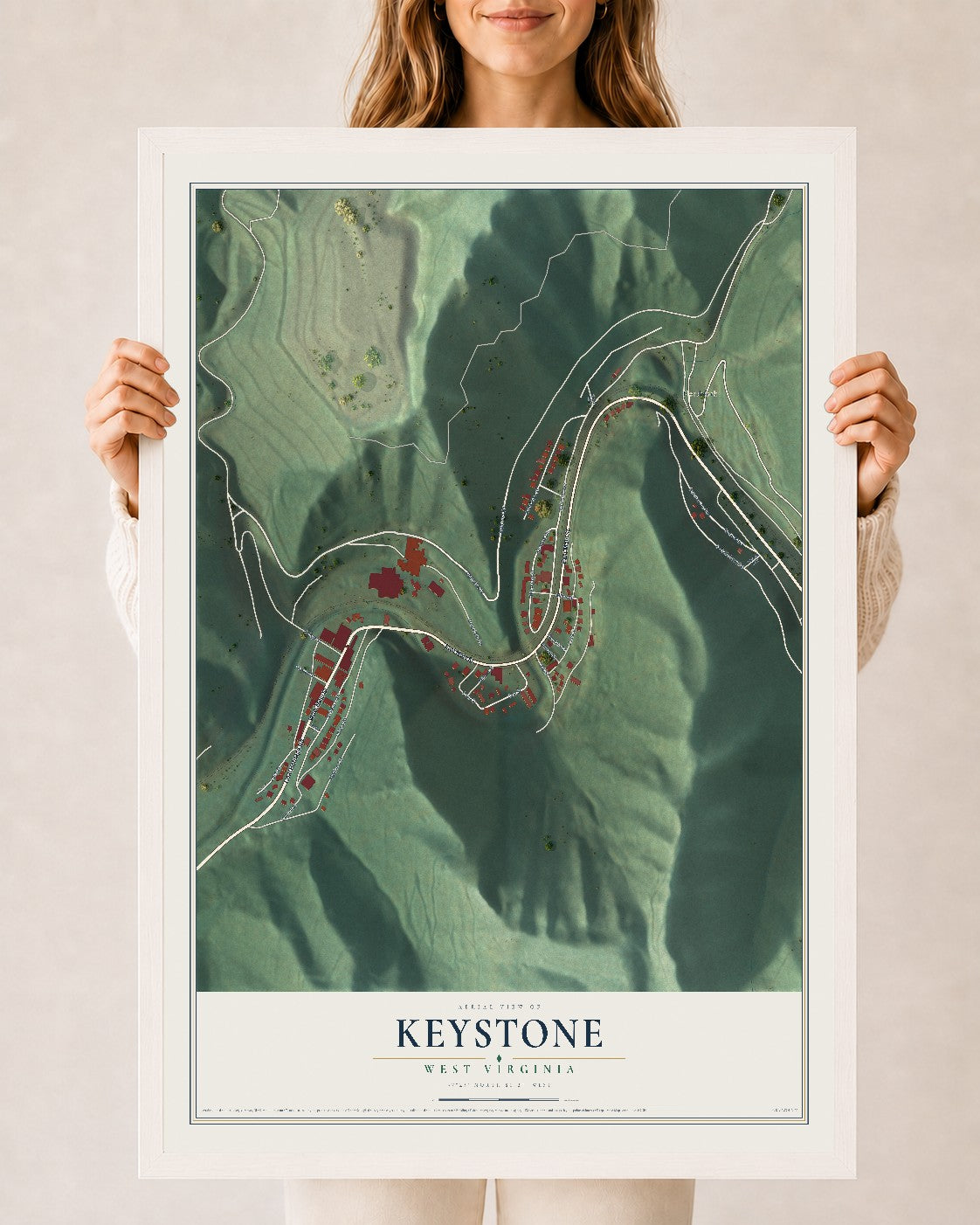 Map of Keystone, West Virginia, 24 x 36 inch print in a white wood frame