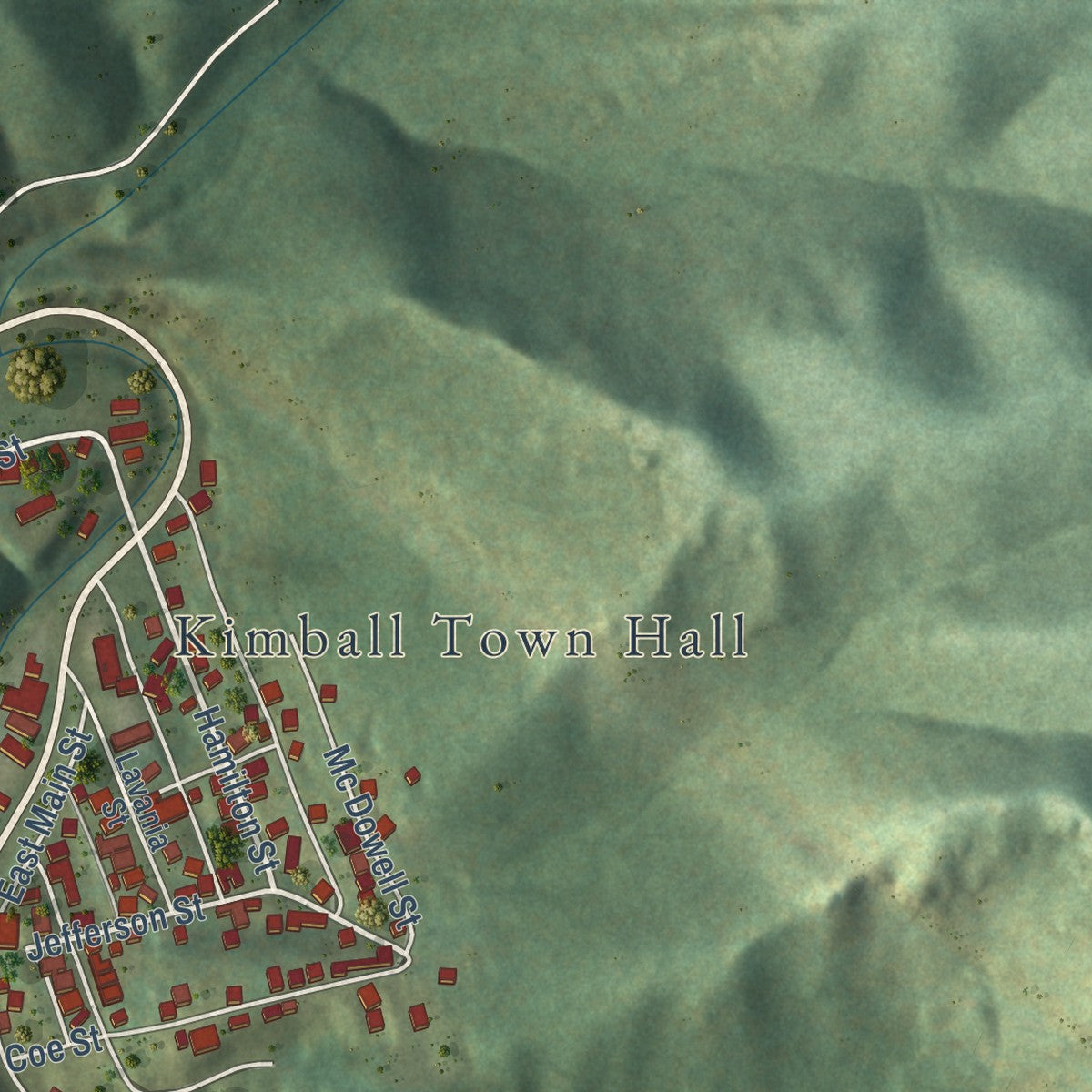 Close-up of the map of Kimball, West Virginia print showing street and building detail