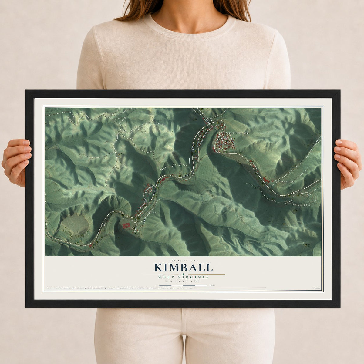 Map of Kimball, West Virginia, 12 x 18 inch print in a black wood frame