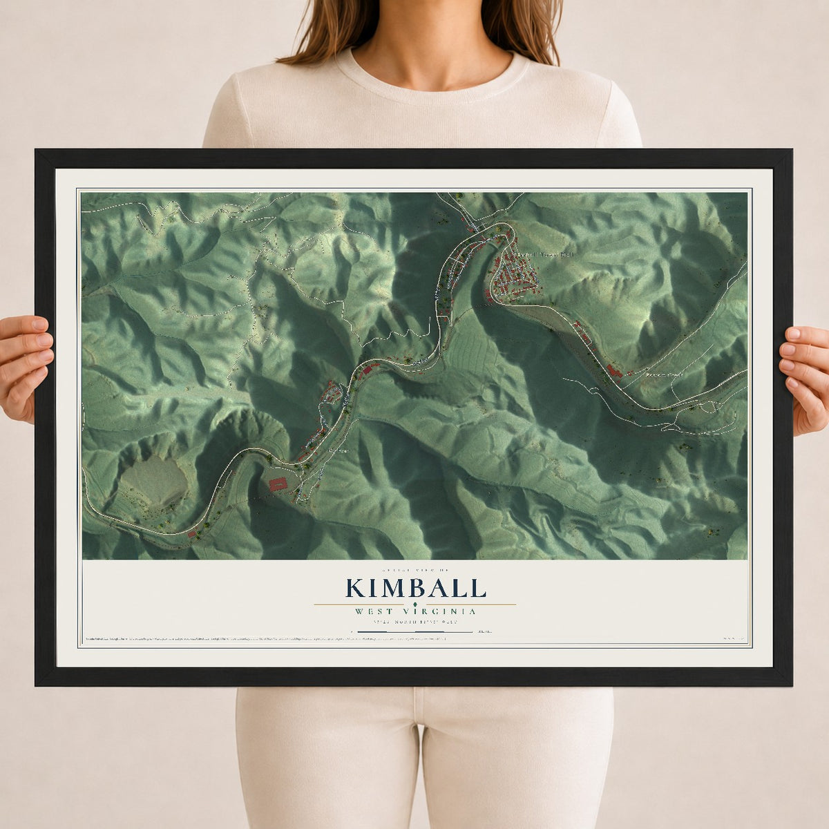 Map of Kimball, West Virginia, 18 x 24 inch print in a black wood frame