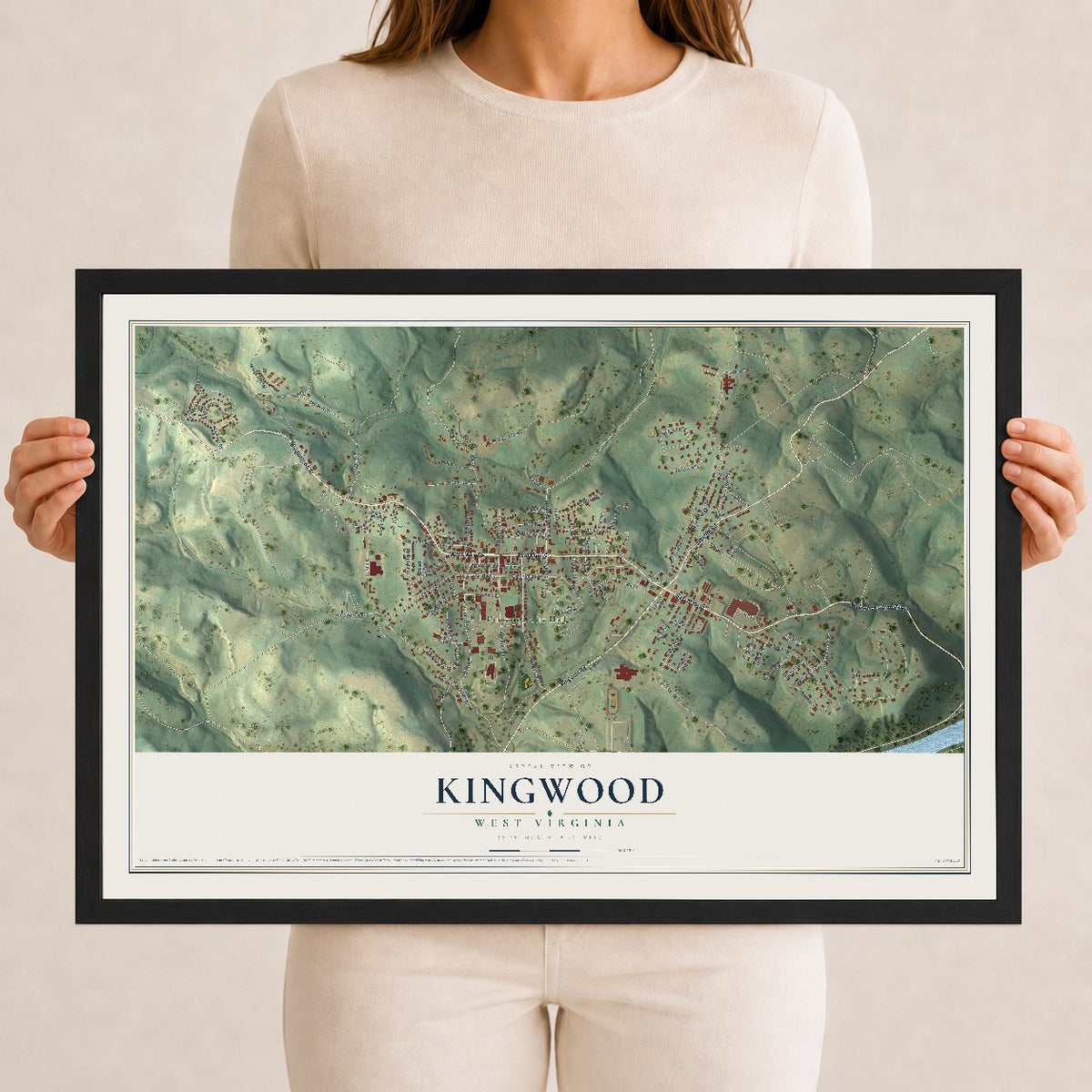 Map of Kingwood, West Virginia, 12 x 18 inch print in a black wood frame
