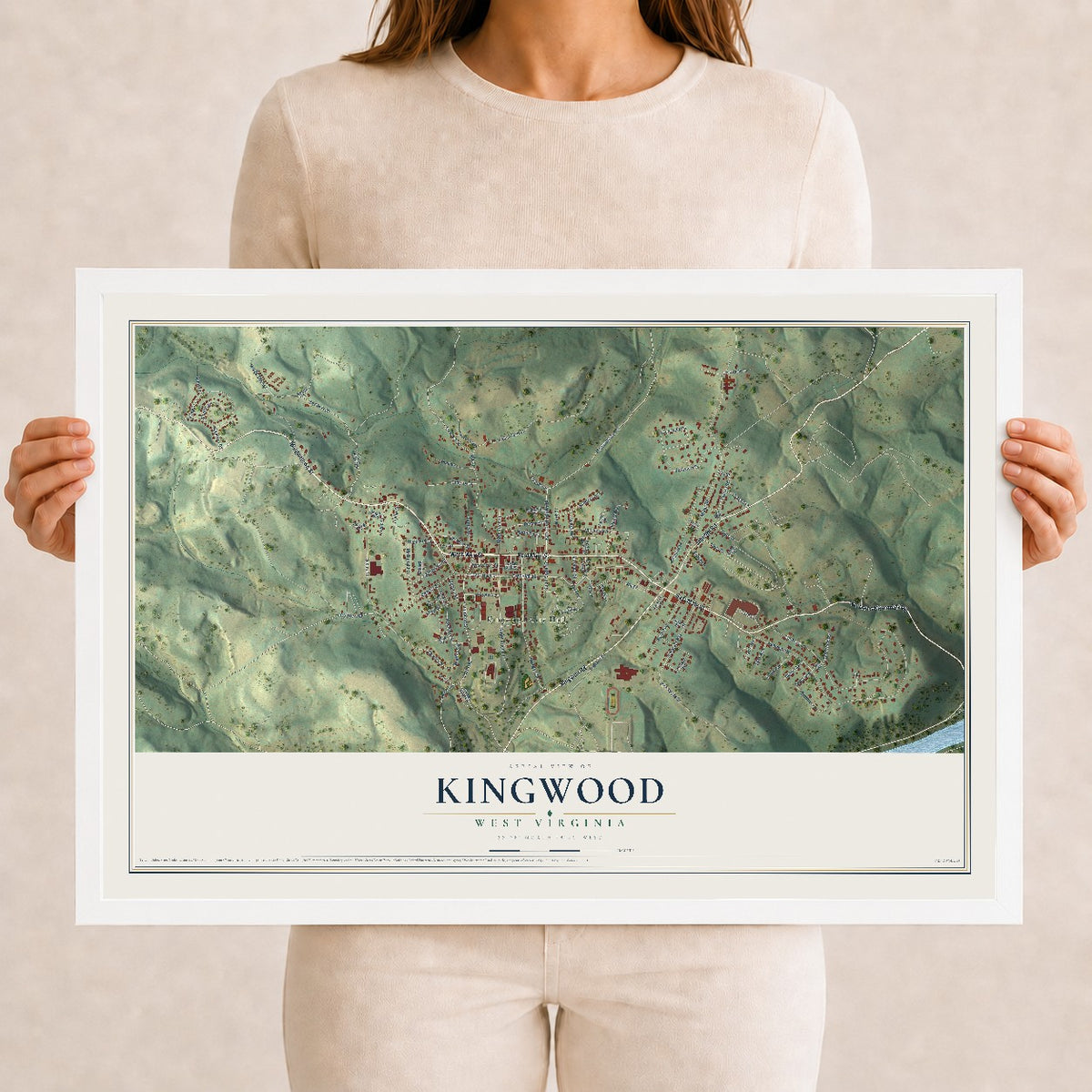 Map of Kingwood, West Virginia, 12 x 18 inch print in a white wood frame