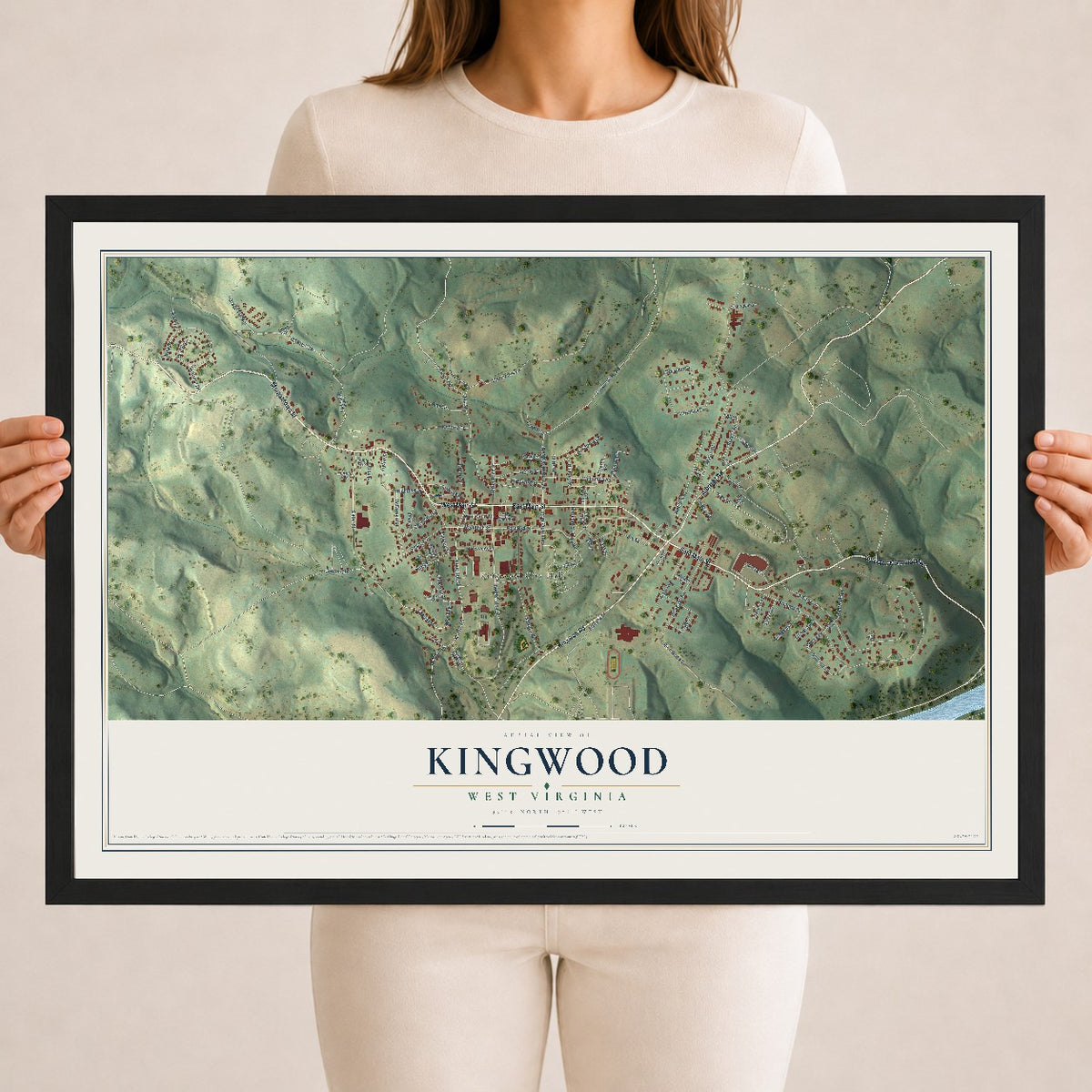 Map of Kingwood, West Virginia, 18 x 24 inch print in a black wood frame