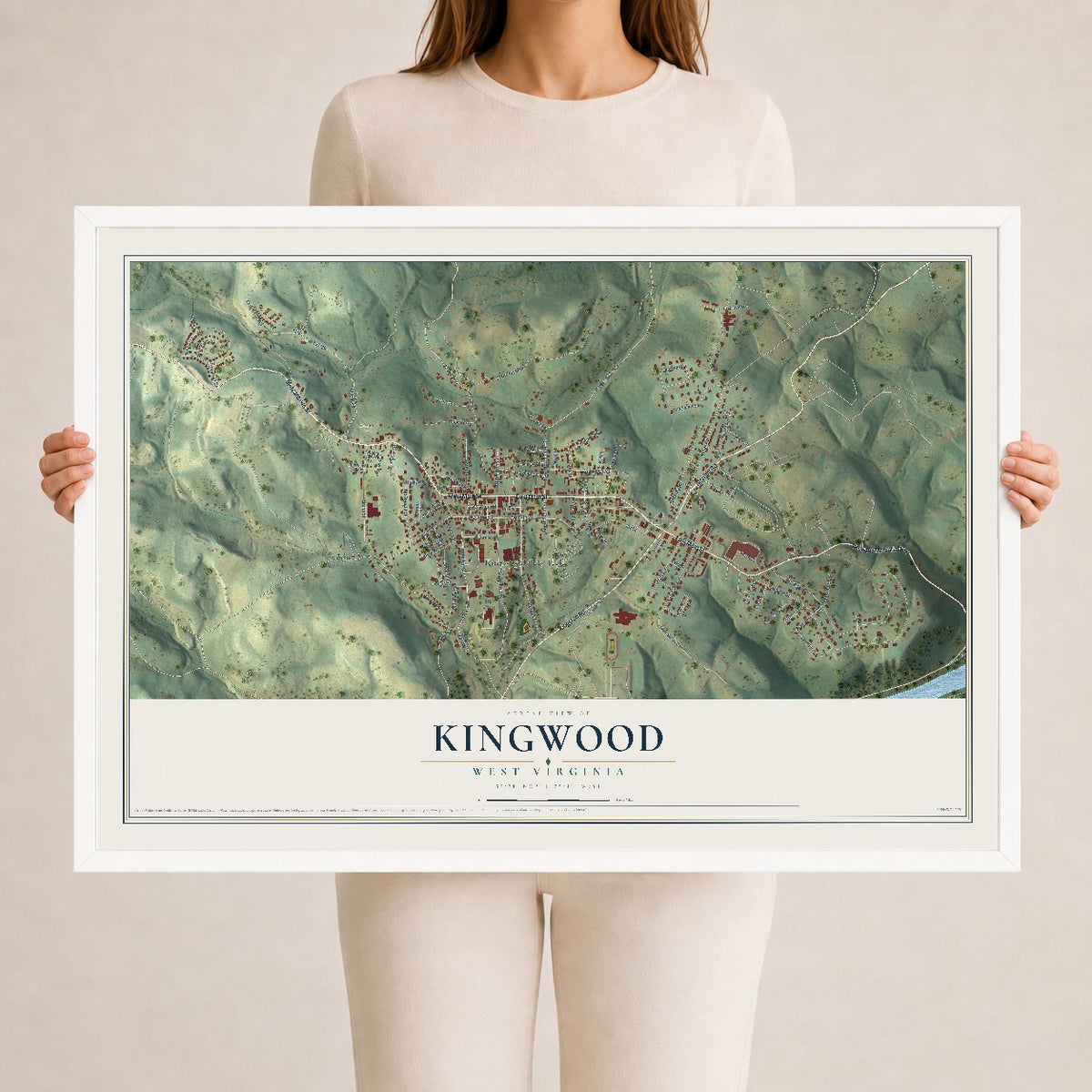Map of Kingwood, West Virginia, 24 x 36 inch print in a white wood frame