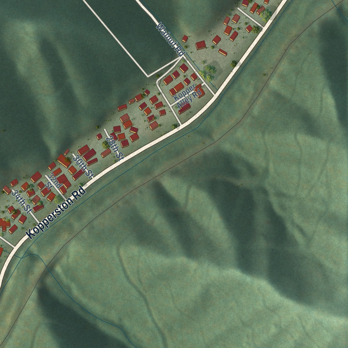 Close-up of the map of Kopperston, West Virginia print showing street and building detail