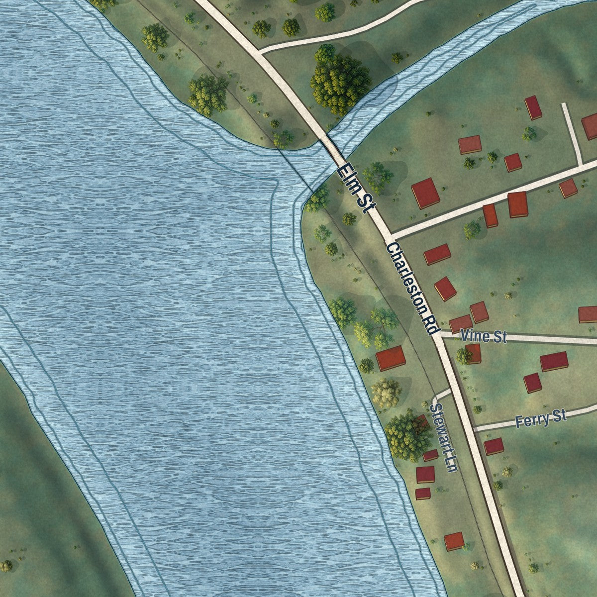 Close-up of the map of Leon, West Virginia print showing street and building detail