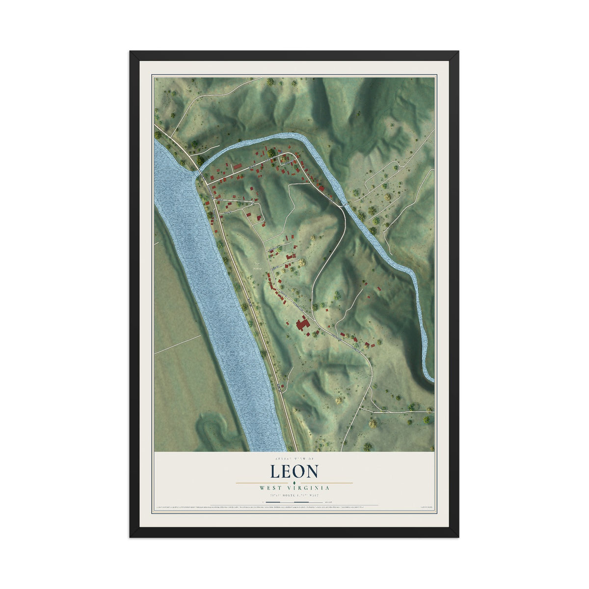 Map of Leon, West Virginia, 12 x 18 inch print in a black wood frame
