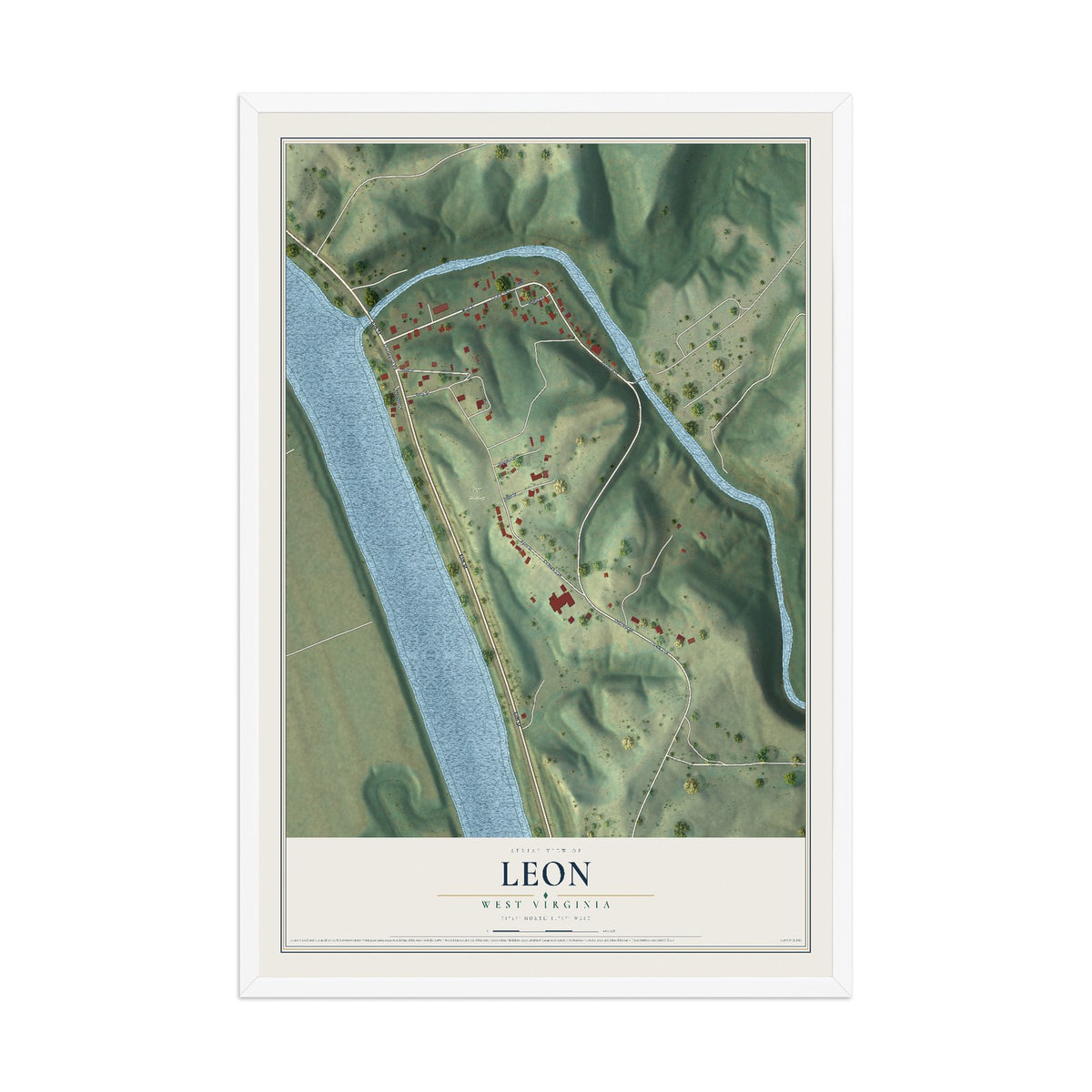 Map of Leon, West Virginia, 12 x 18 inch print in a white wood frame