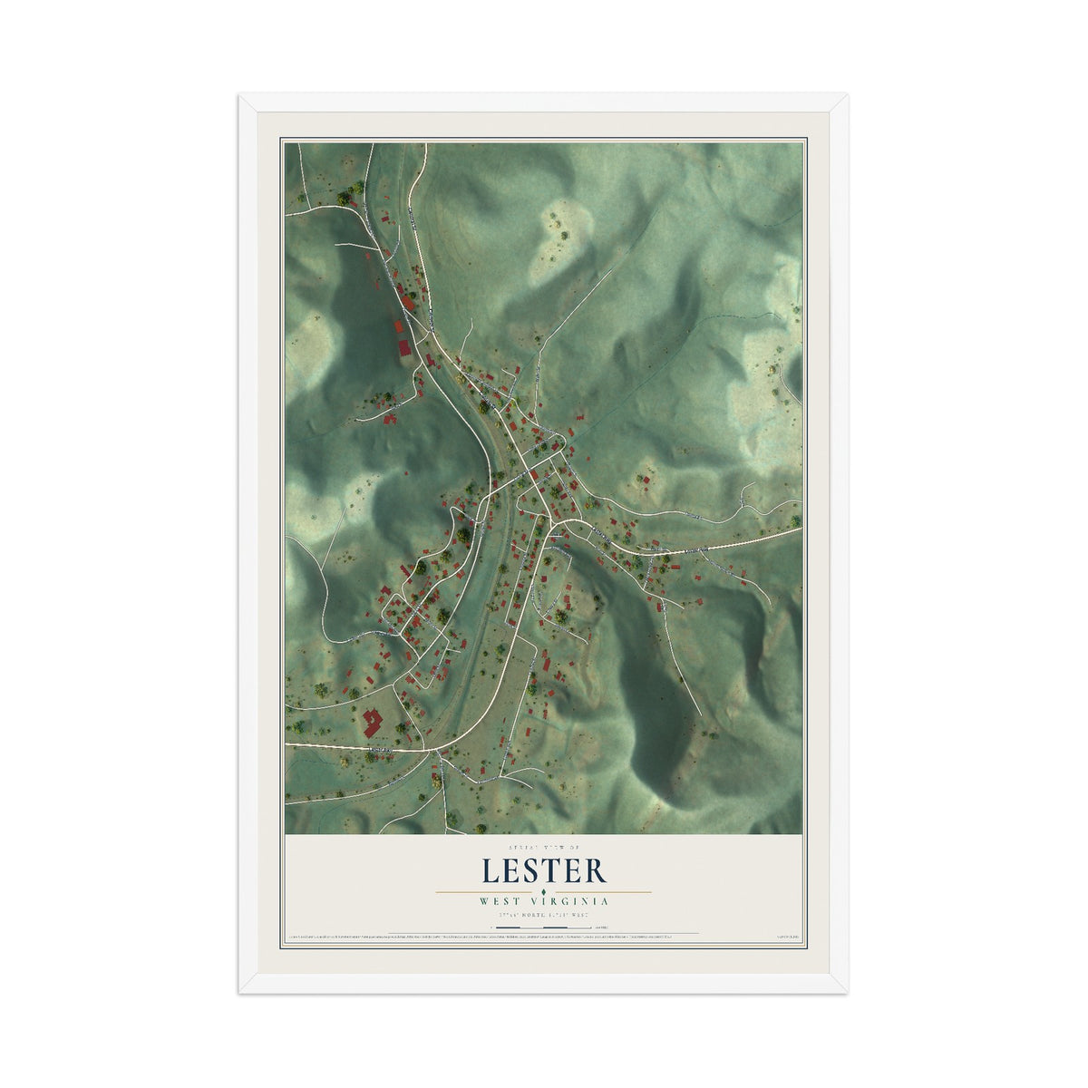 Map of Lester, West Virginia, 12 x 18 inch print in a white wood frame