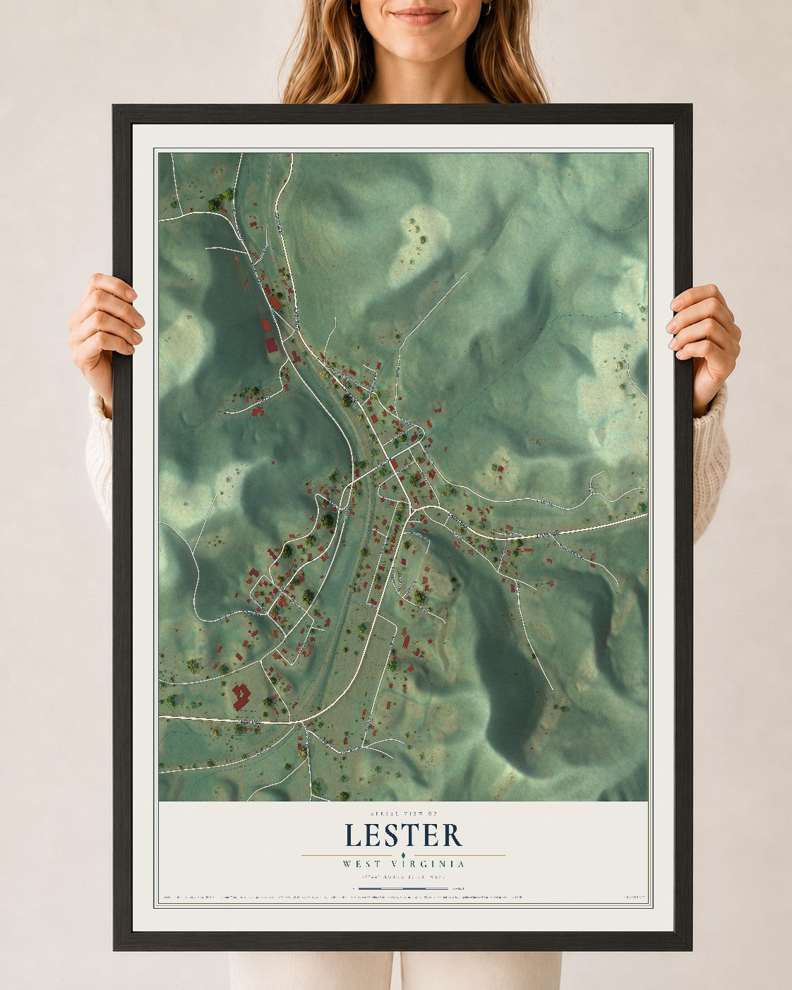 Map of Lester, West Virginia, 24 x 36 inch print in a black wood frame