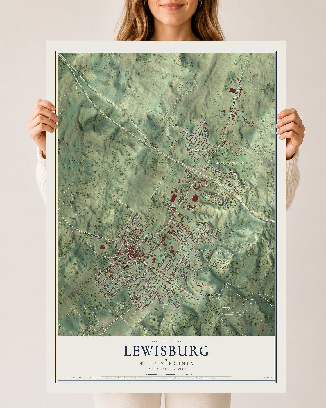 Map of Lewisburg, West Virginia, 24 x 36 inch unframed archival matte print