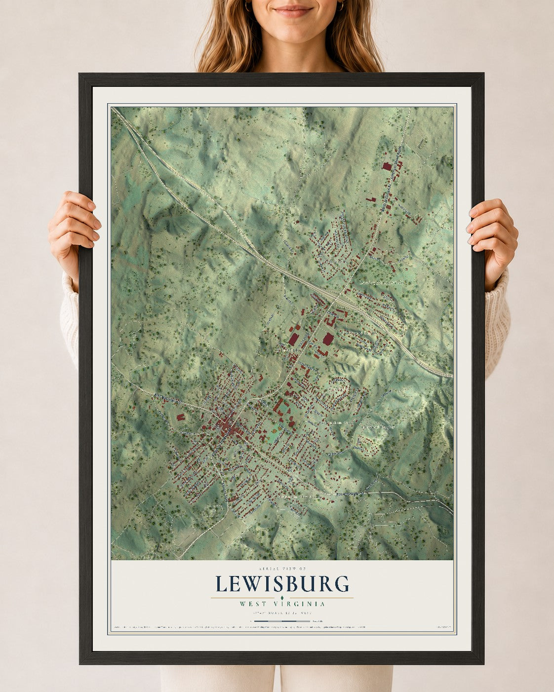 Map of Lewisburg, West Virginia, 24 x 36 inch print in a black wood frame