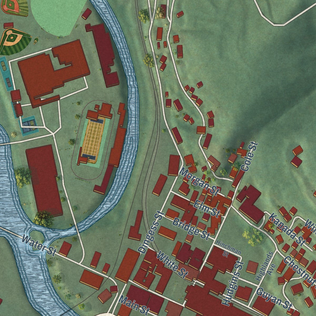 Close-up of the map of Logan, West Virginia print showing street and building detail