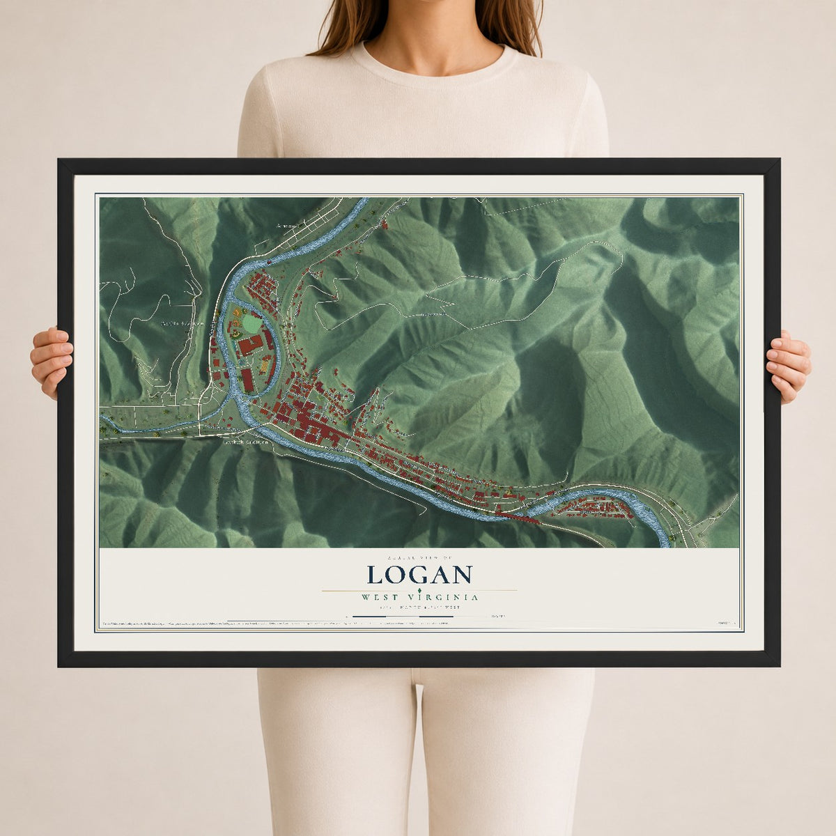 Map of Logan, West Virginia, 24 x 36 inch print in a black wood frame