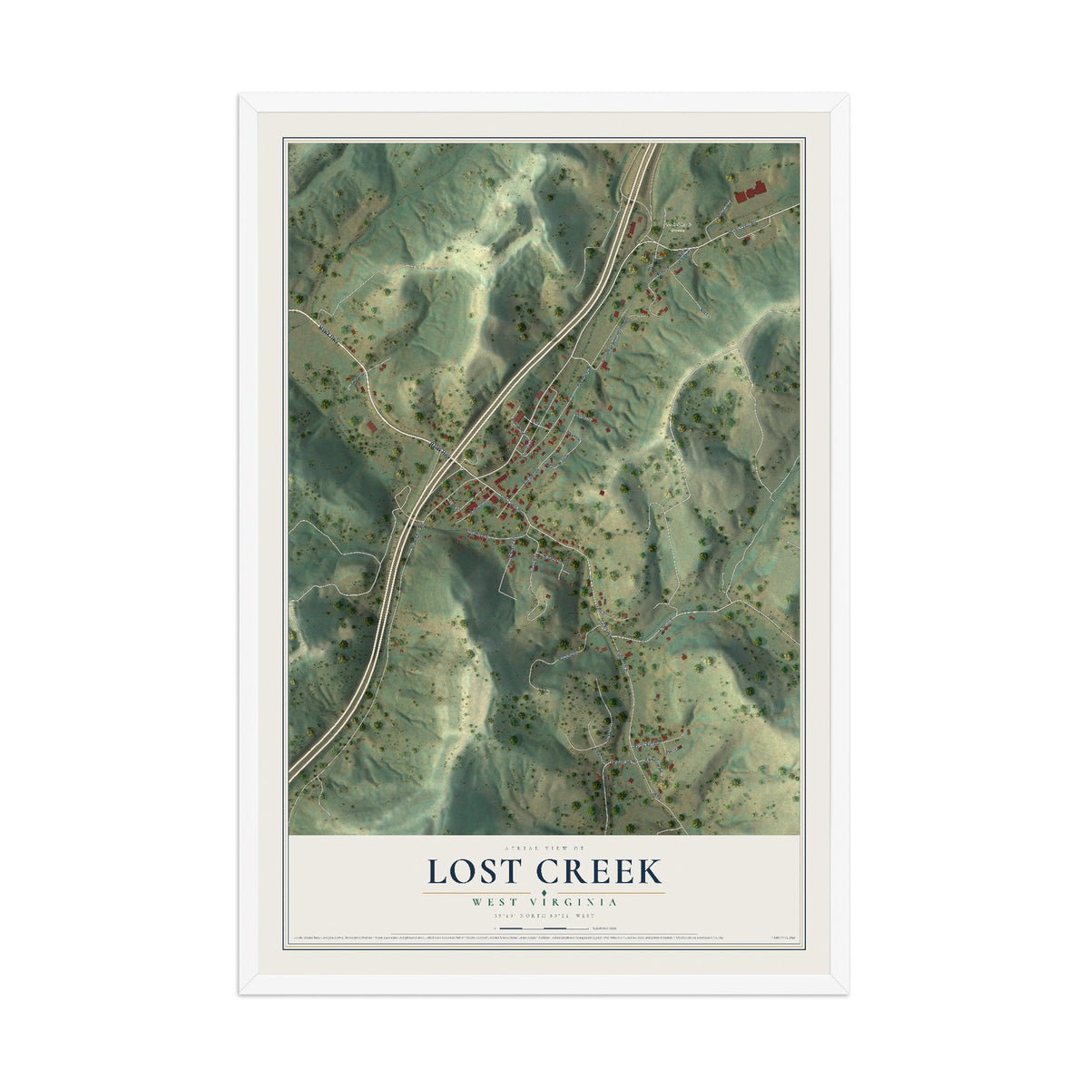Map of Lost Creek, West Virginia, 12 x 18 inch print in a white wood frame