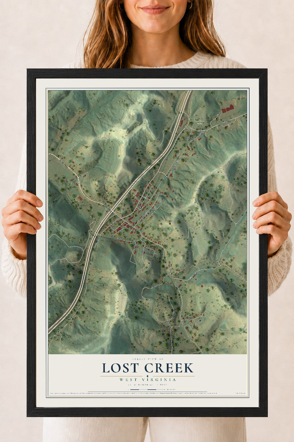 Map of Lost Creek, West Virginia, 18 x 24 inch print in a black wood frame