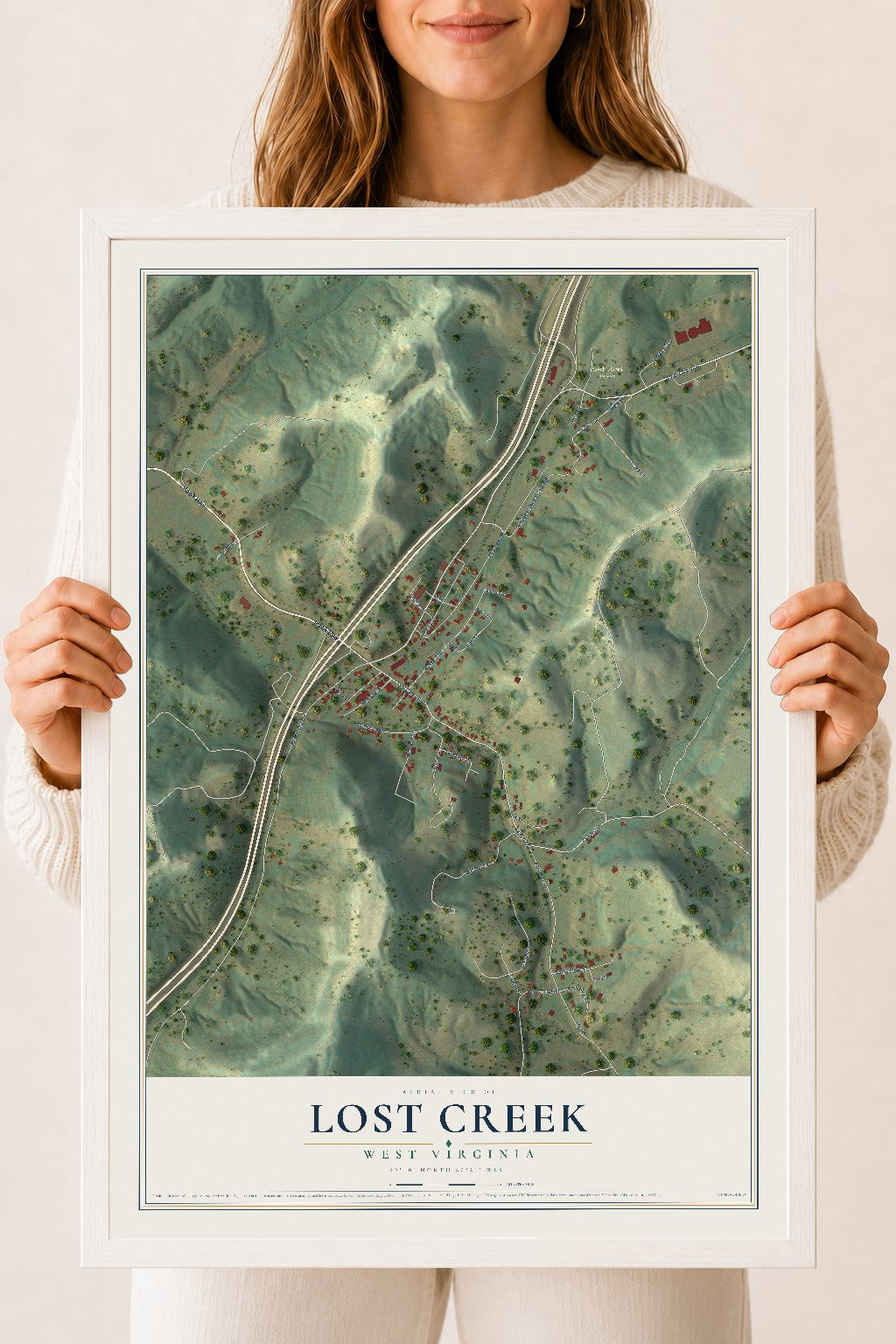 Map of Lost Creek, West Virginia, 18 x 24 inch print in a white wood frame