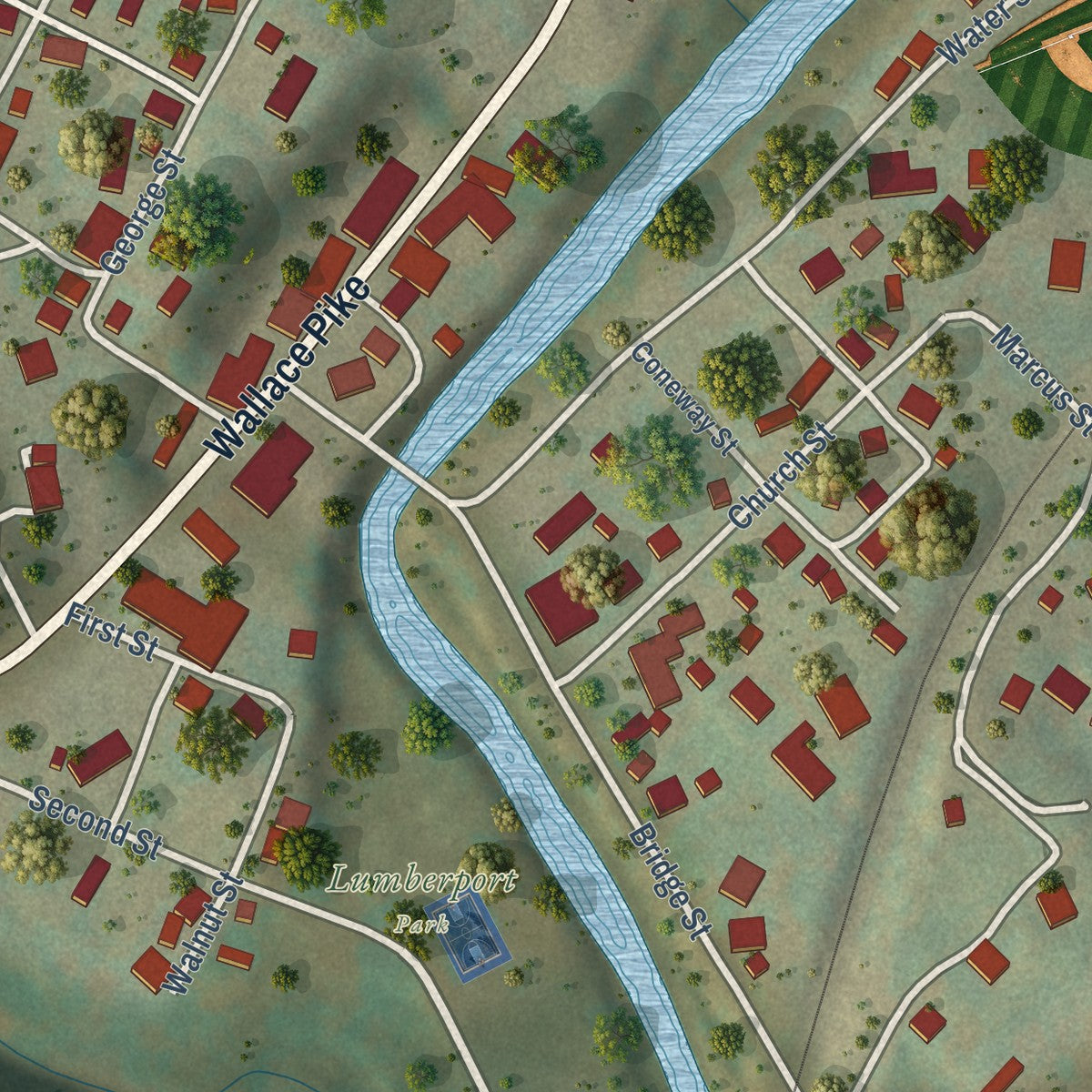 Second close-up of the map of Lumberport, West Virginia print showing more streets and buildings
