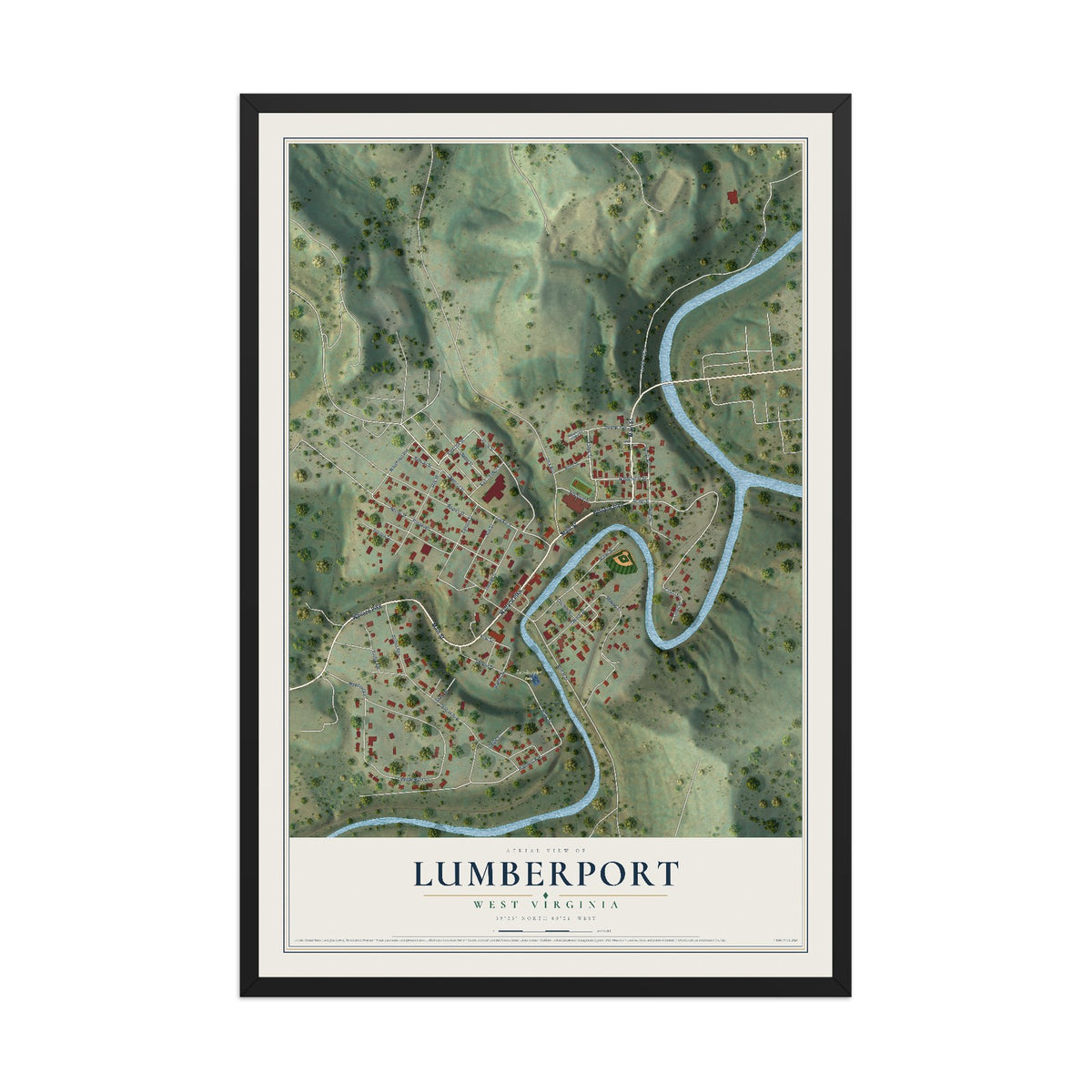 Map of Lumberport, West Virginia, 12 x 18 inch print in a black wood frame