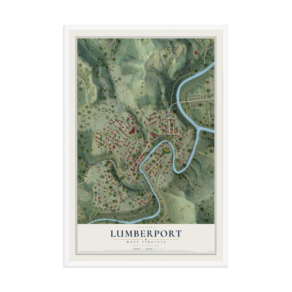 Map of Lumberport, West Virginia, 12 x 18 inch print in a white wood frame