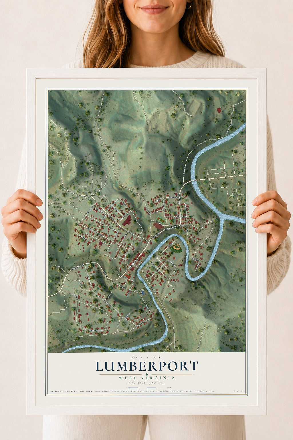 Map of Lumberport, West Virginia, 18 x 24 inch print in a white wood frame