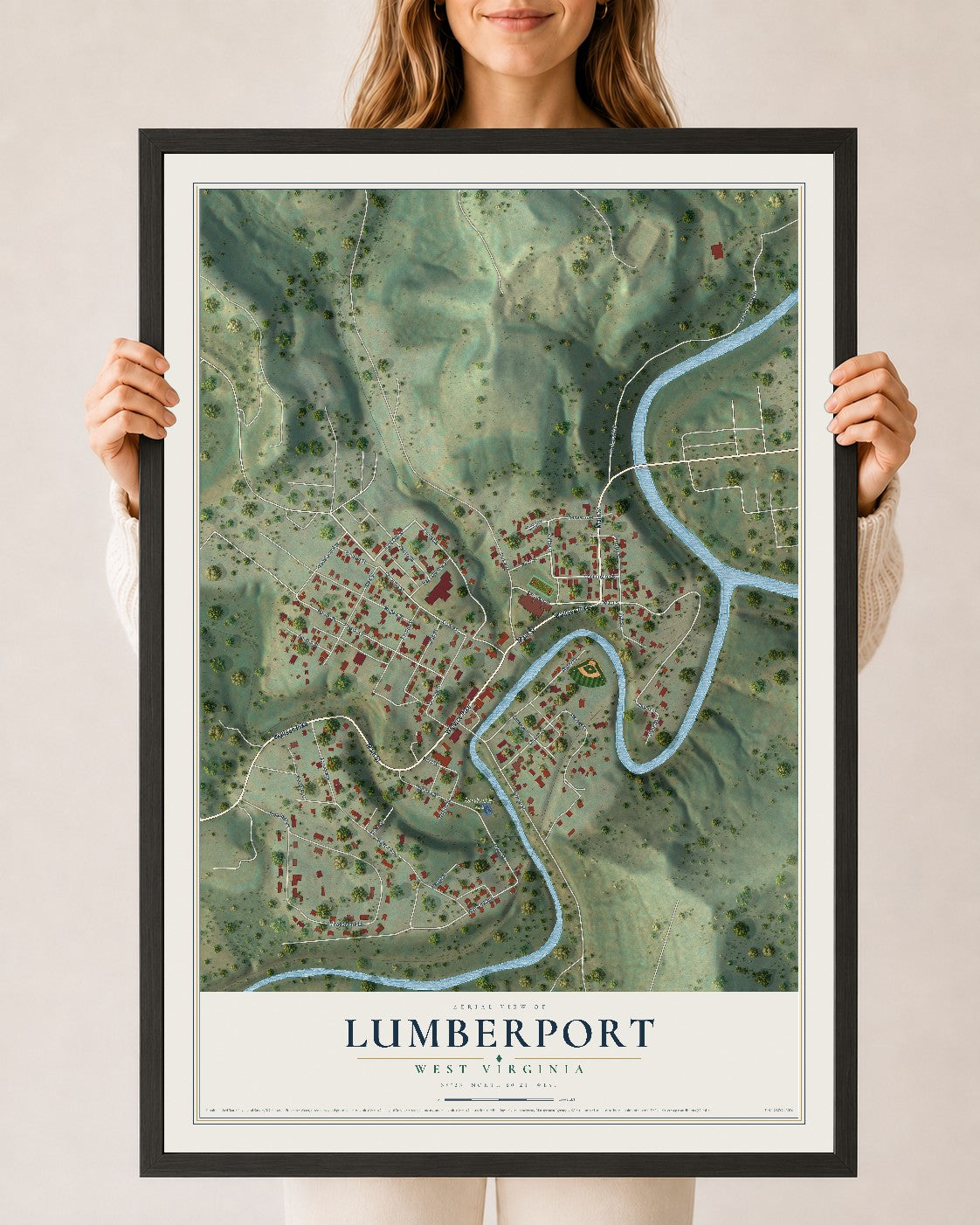 Map of Lumberport, West Virginia, 24 x 36 inch print in a black wood frame