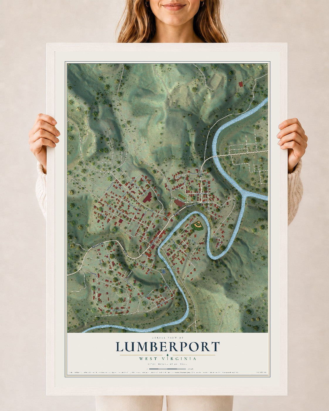 Map of Lumberport, West Virginia, 24 x 36 inch print in a white wood frame