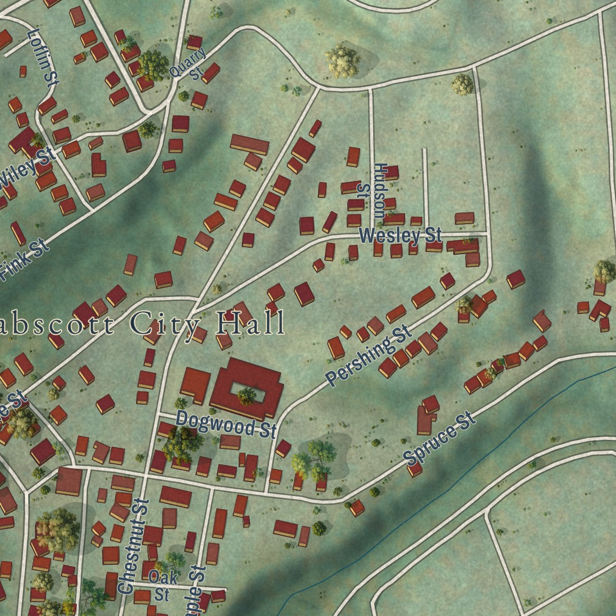 Close-up of the map of Mabscott, West Virginia print showing street and building detail