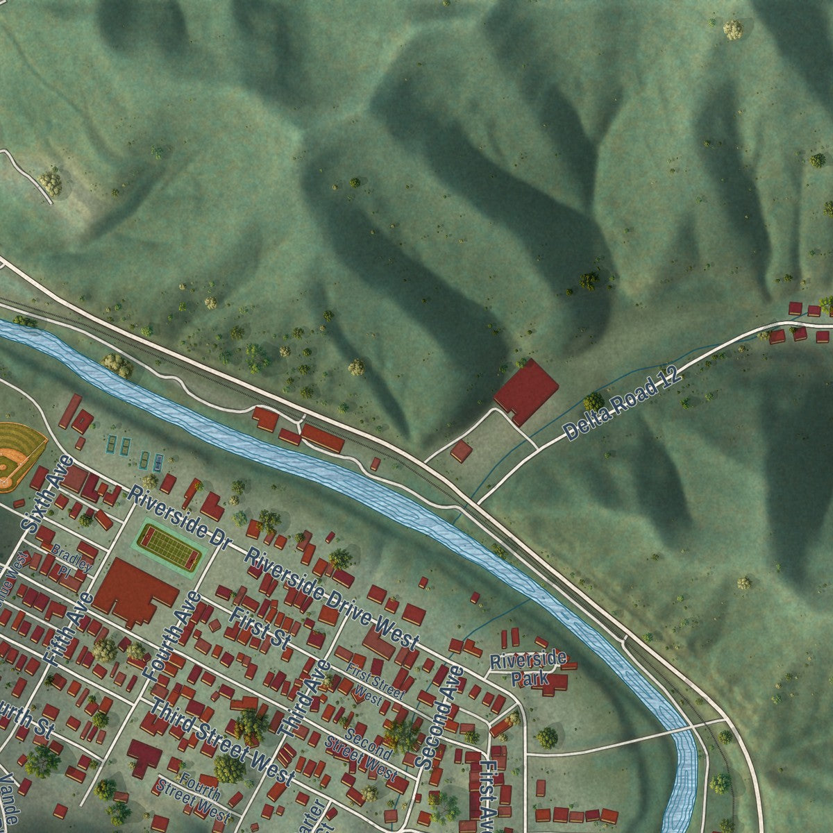 Second close-up of the map of Madison, West Virginia print showing more streets and buildings