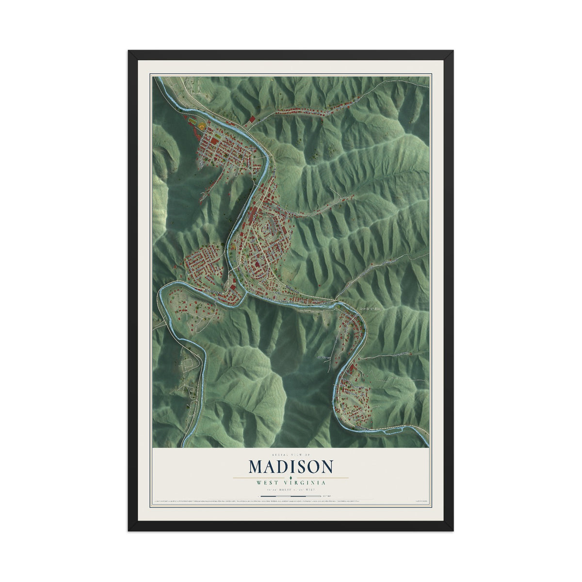 Map of Madison, West Virginia, 12 x 18 inch print in a black wood frame