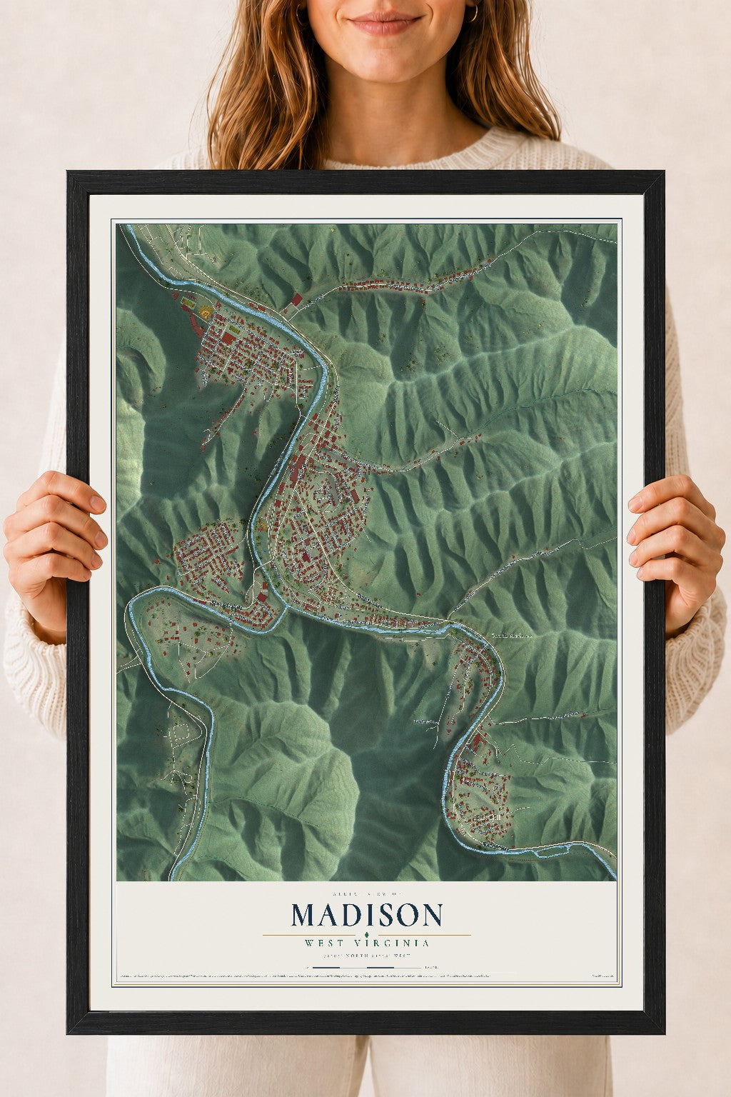 Map of Madison, West Virginia, 18 x 24 inch print in a black wood frame