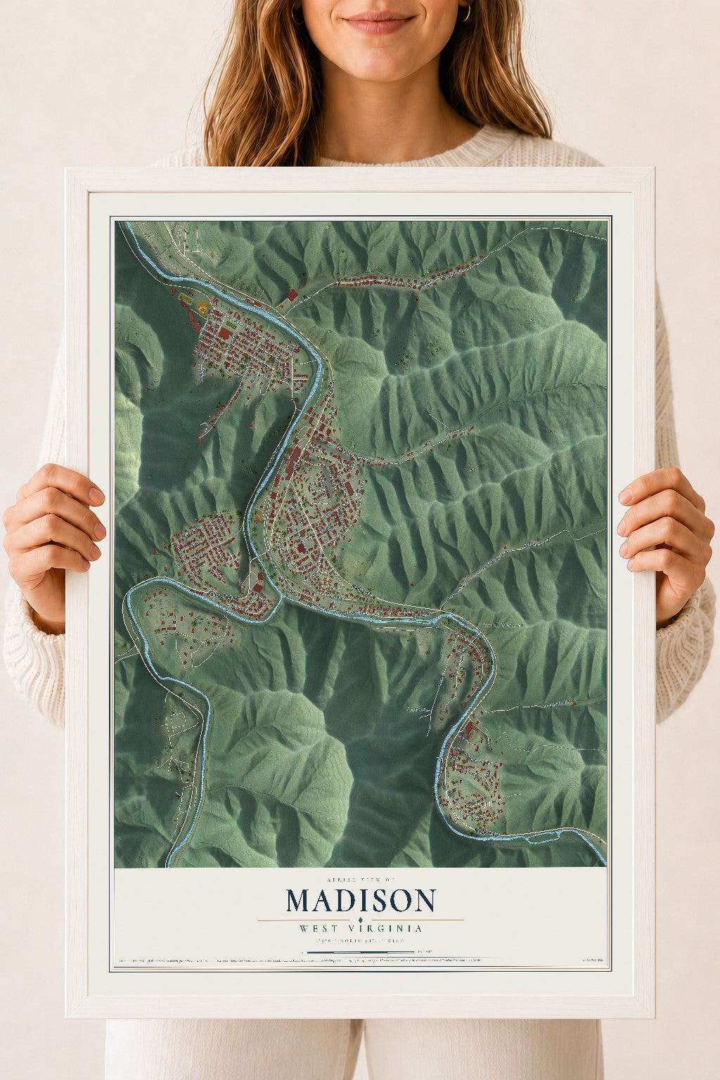 Map of Madison, West Virginia, 18 x 24 inch print in a white wood frame