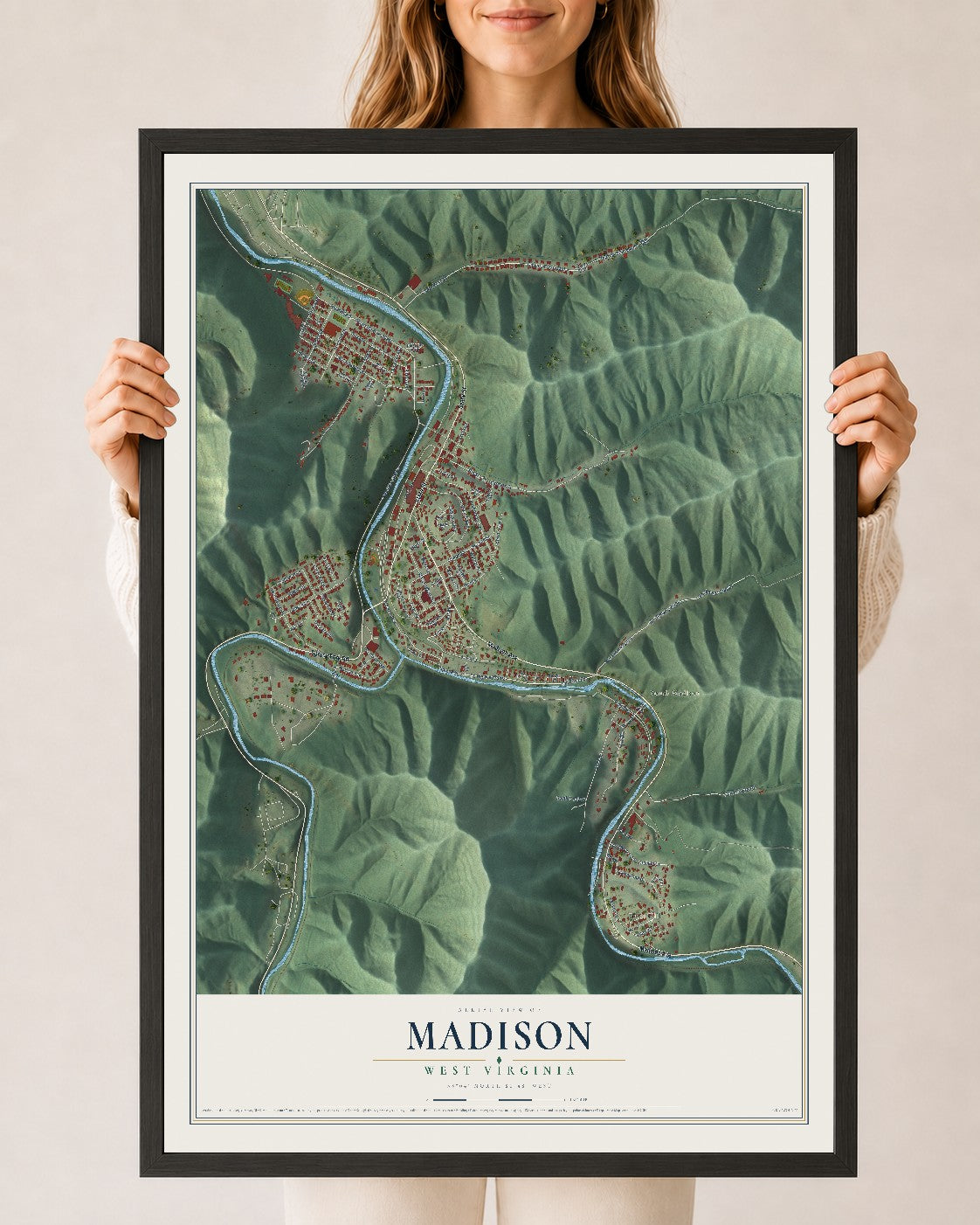 Map of Madison, West Virginia, 24 x 36 inch print in a black wood frame