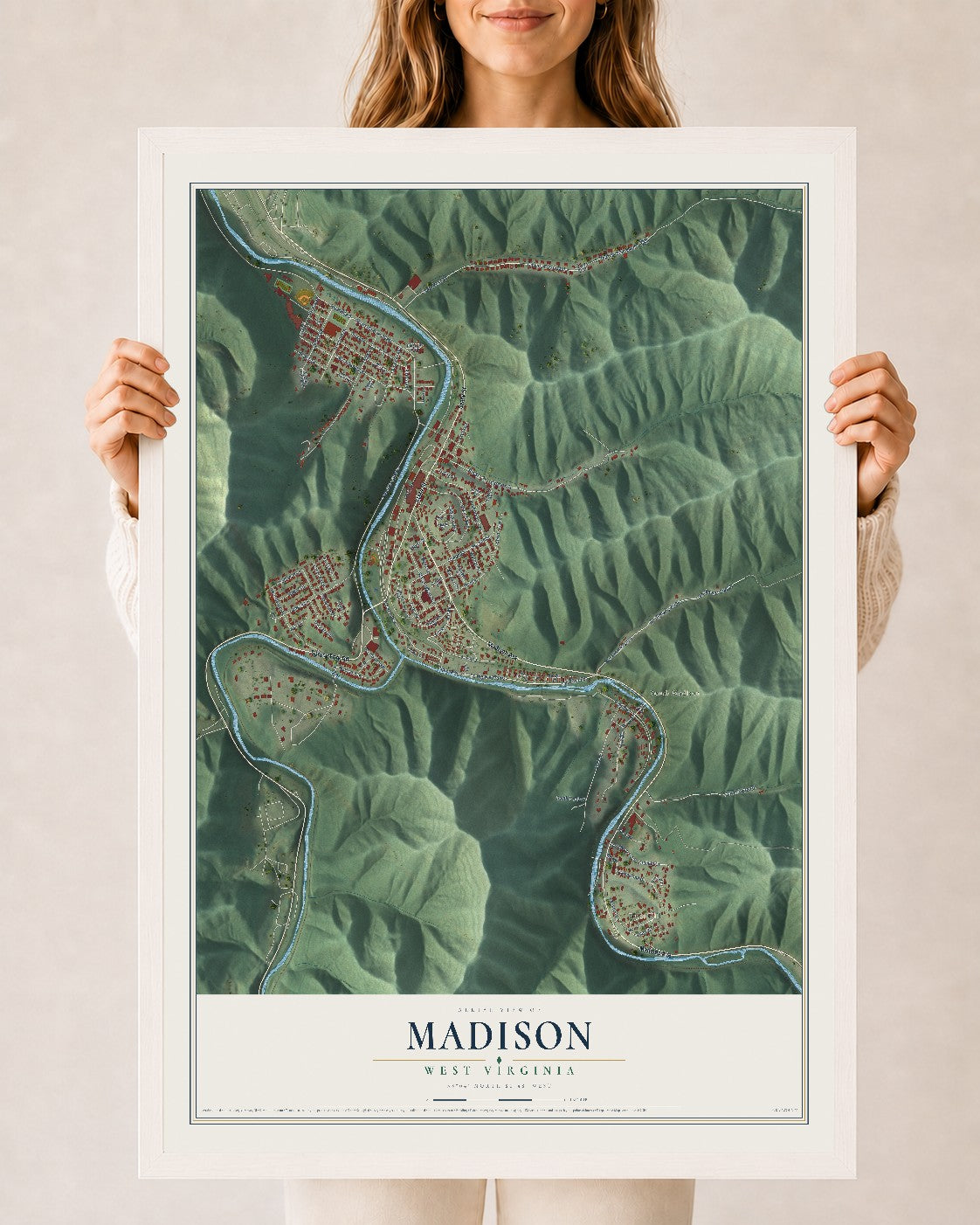 Map of Madison, West Virginia, 24 x 36 inch print in a white wood frame