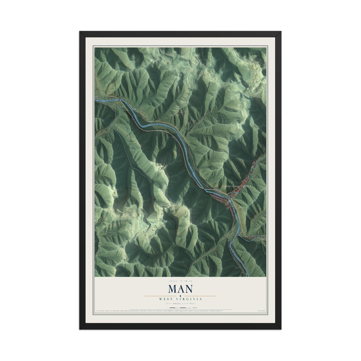 Map of Man, West Virginia, 12 x 18 inch print in a black wood frame
