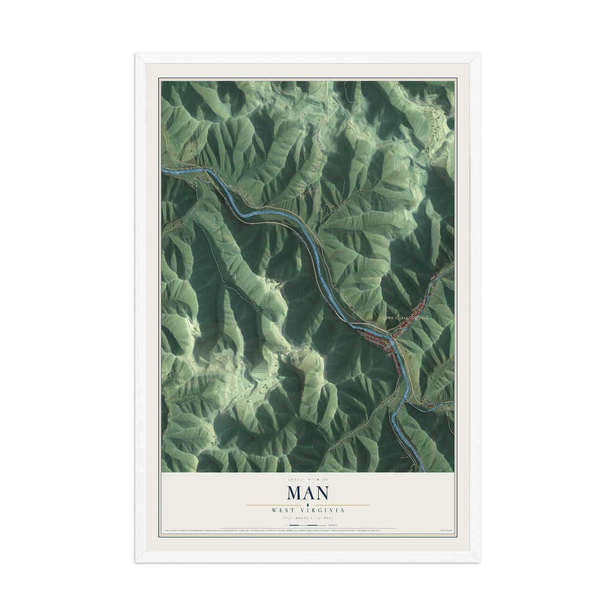 Map of Man, West Virginia, 12 x 18 inch print in a white wood frame