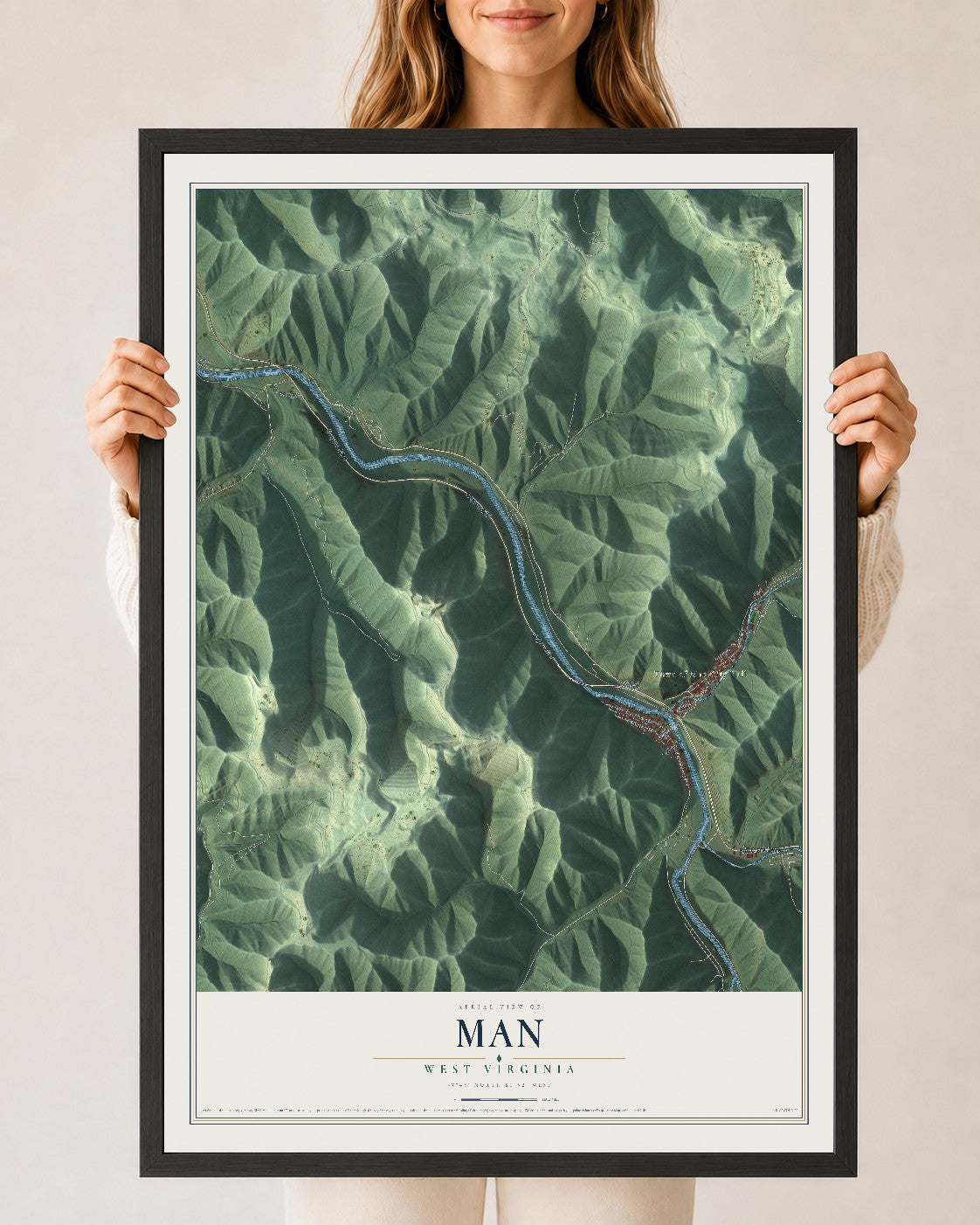 Map of Man, West Virginia, 24 x 36 inch print in a black wood frame