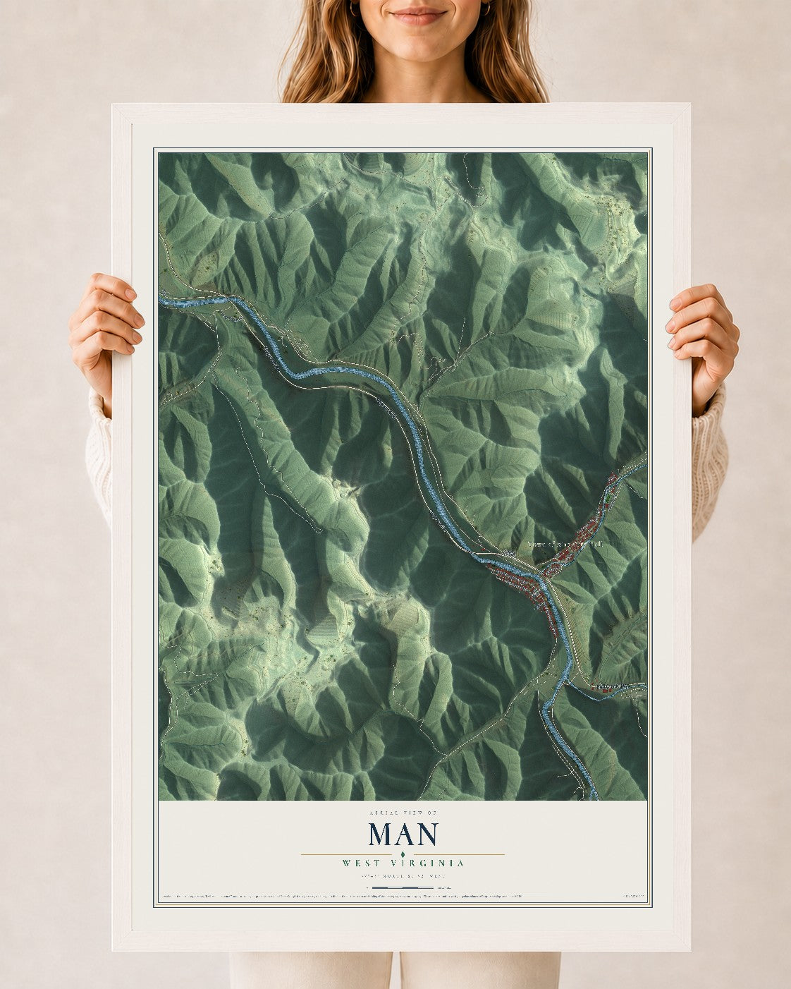 Map of Man, West Virginia, 24 x 36 inch print in a white wood frame