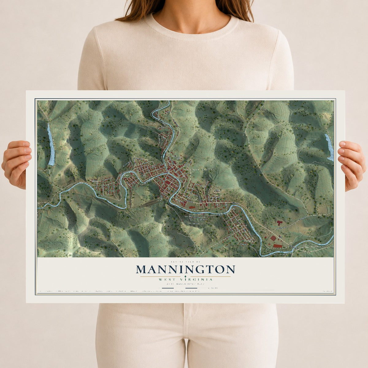 Map of Mannington, West Virginia, 12 x 18 inch unframed archival matte print