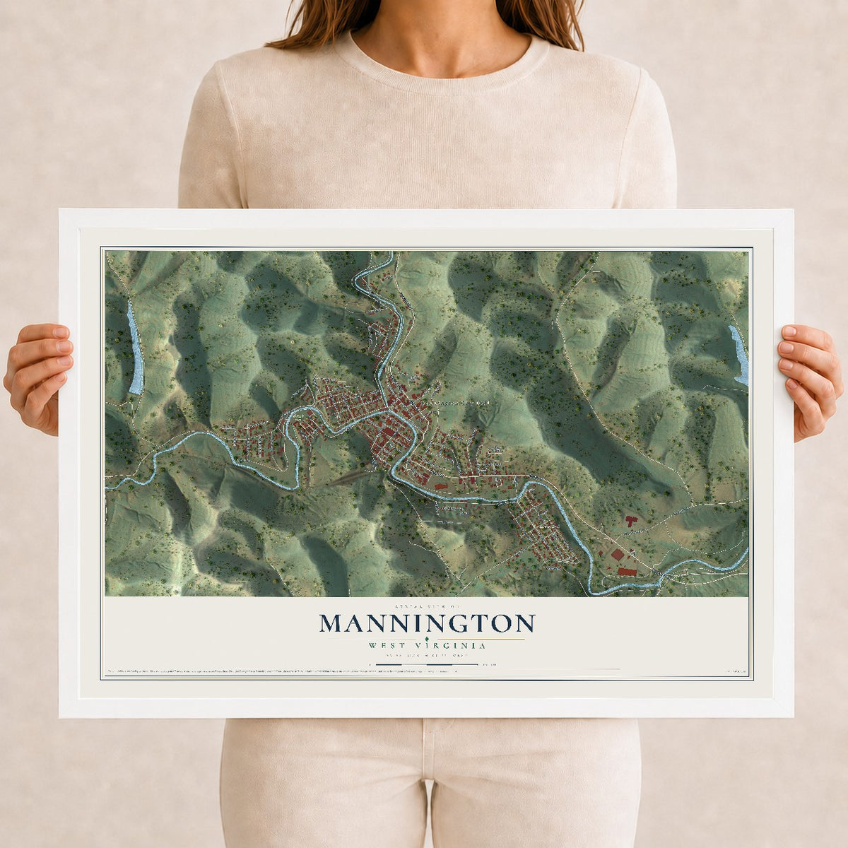 Map of Mannington, West Virginia, 12 x 18 inch print in a white wood frame