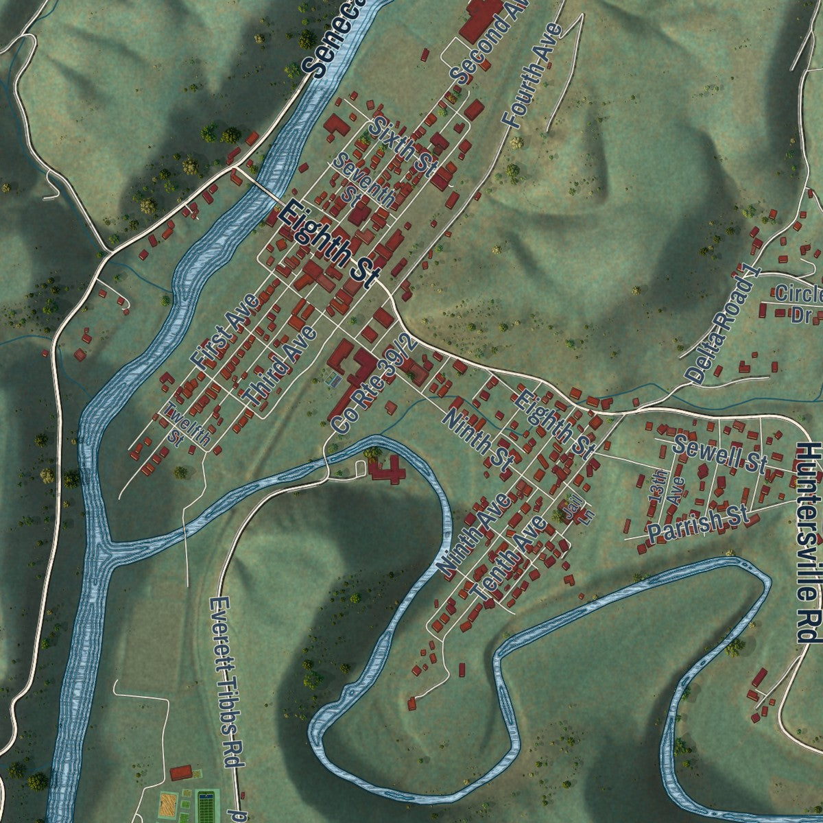 Close-up of the map of Marlinton, West Virginia print showing street and building detail