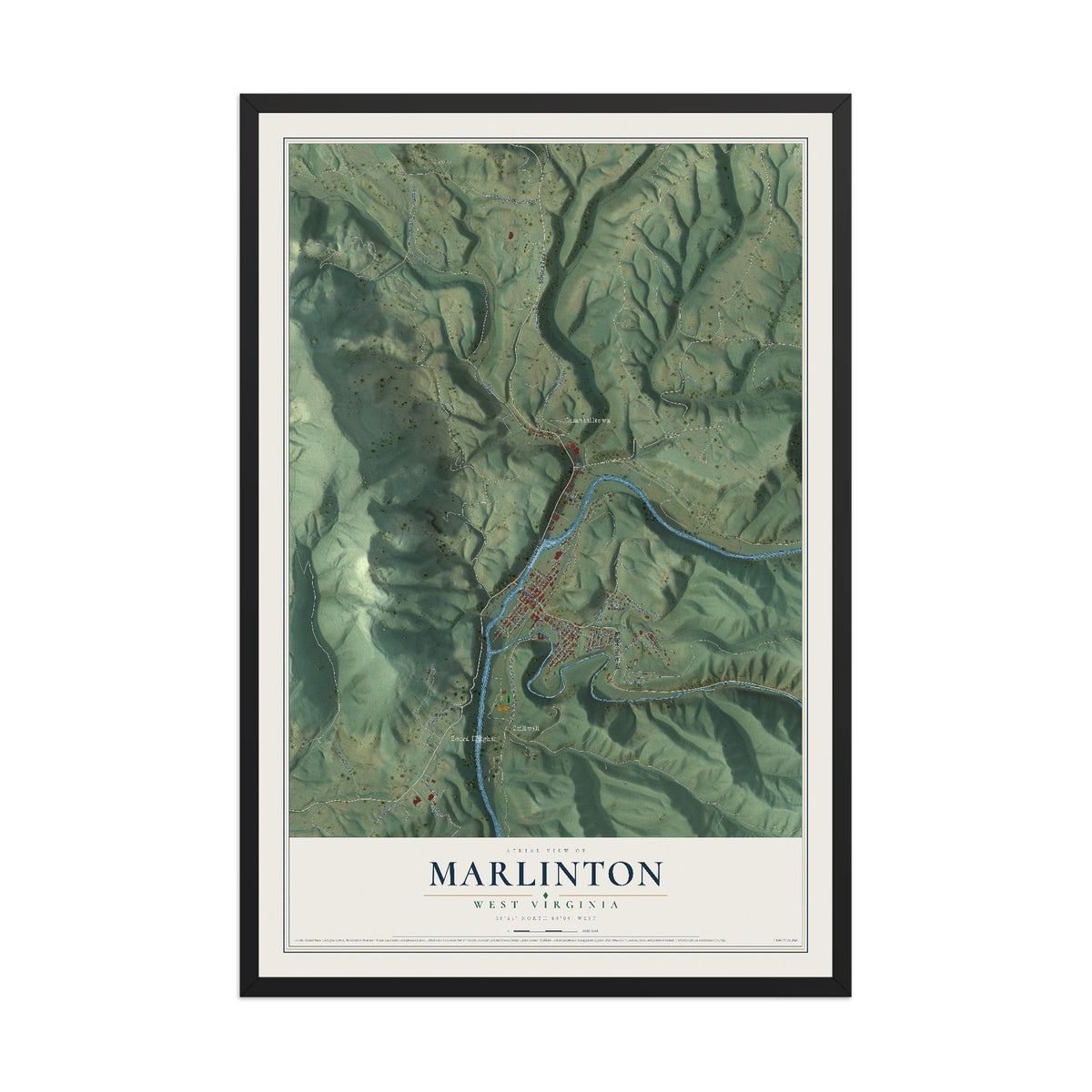 Map of Marlinton, West Virginia, 12 x 18 inch print in a black wood frame