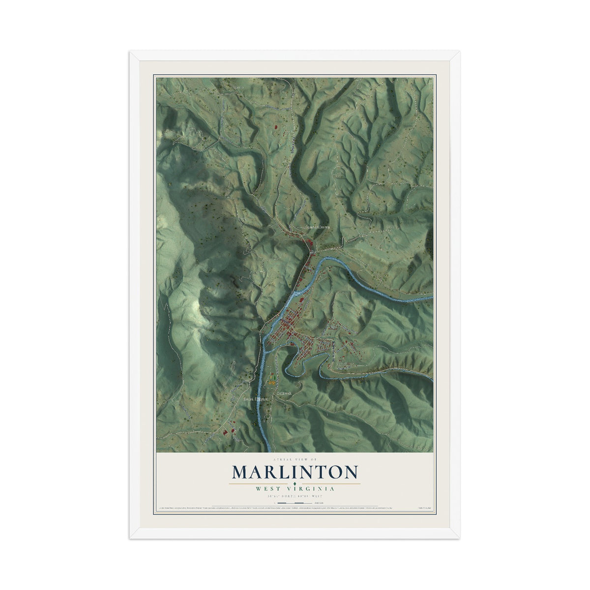 Map of Marlinton, West Virginia, 12 x 18 inch print in a white wood frame