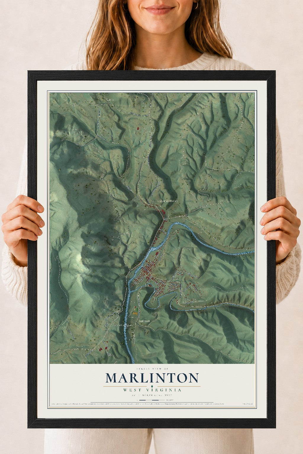 Map of Marlinton, West Virginia, 18 x 24 inch print in a black wood frame