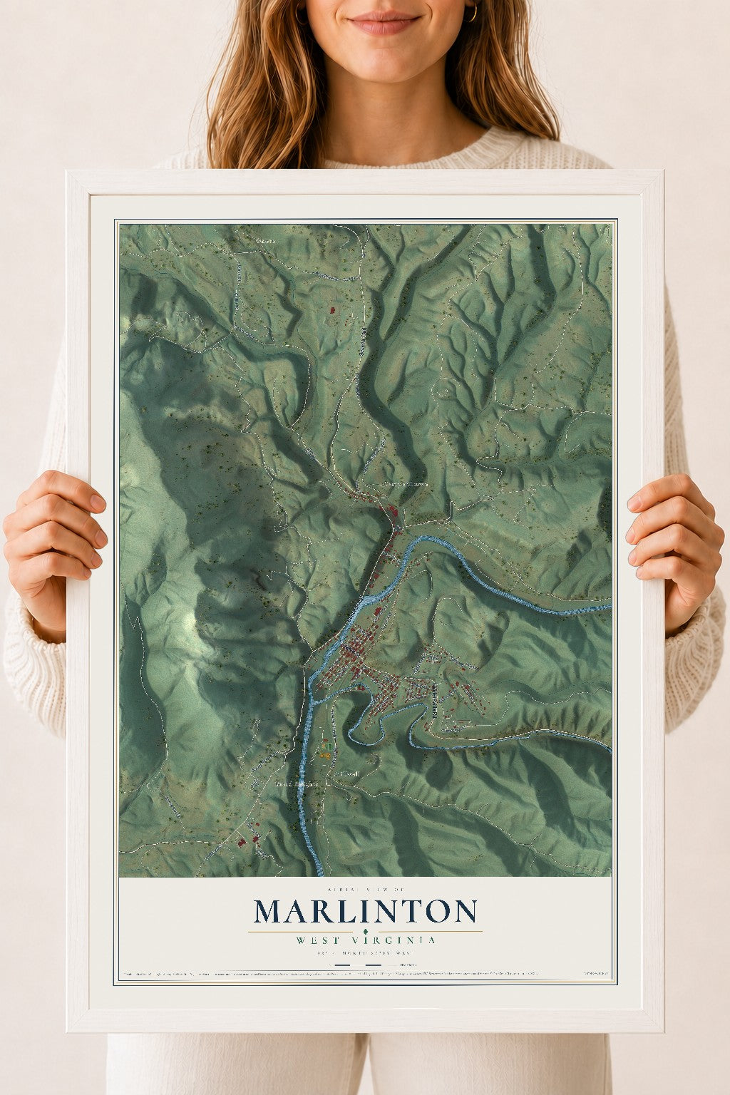 Map of Marlinton, West Virginia, 18 x 24 inch print in a white wood frame