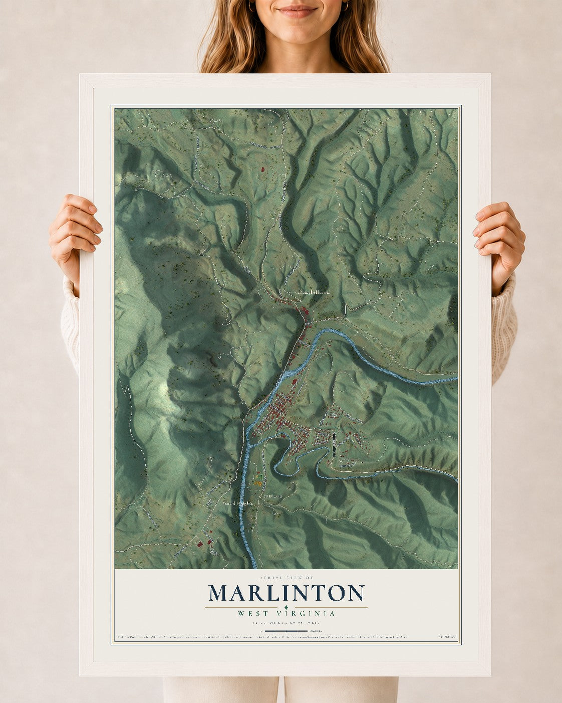 Map of Marlinton, West Virginia, 24 x 36 inch print in a white wood frame