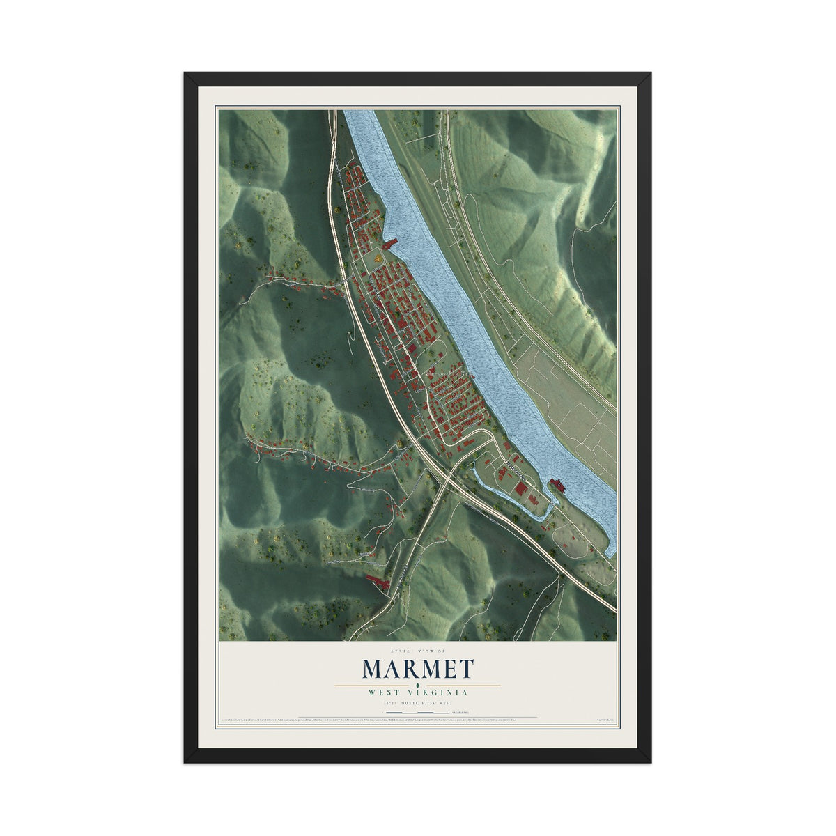 Map of Marmet, West Virginia, 12 x 18 inch print in a black wood frame